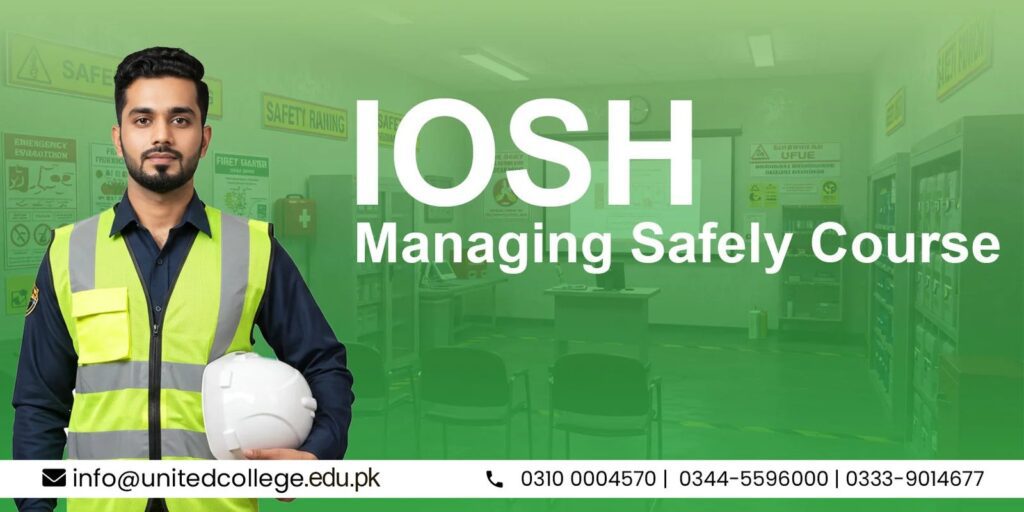 A man in a safety vest holds a helmet, standing in a classroom with safety posters. Text reads "IOSH Managing Safely Course." Contact info below.
