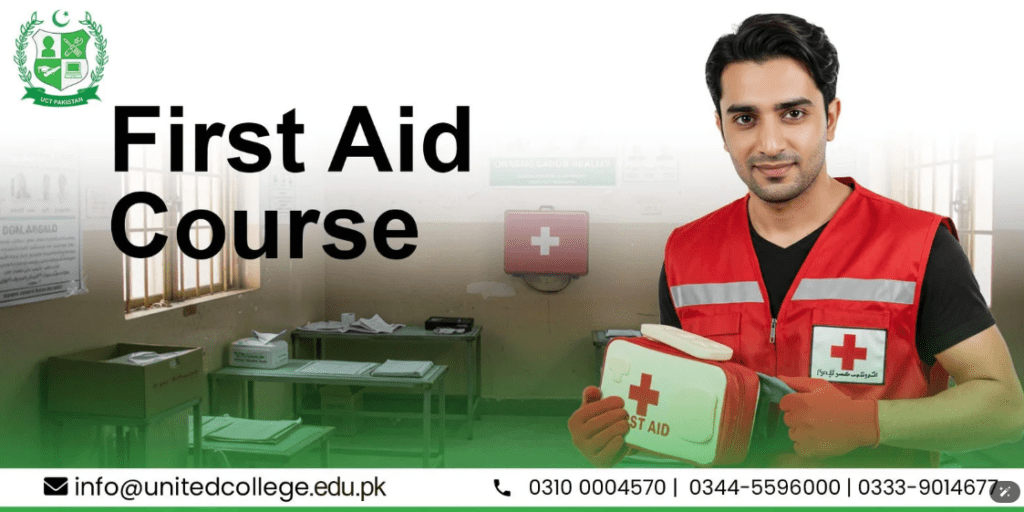 A man in a red first aid vest holds a white first aid kit, smiling. Classroom setting in the background with First Aid Course text on the left.