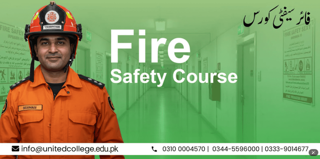 A firefighter in an orange uniform and helmet stands confidently against a green background showing a corridor.