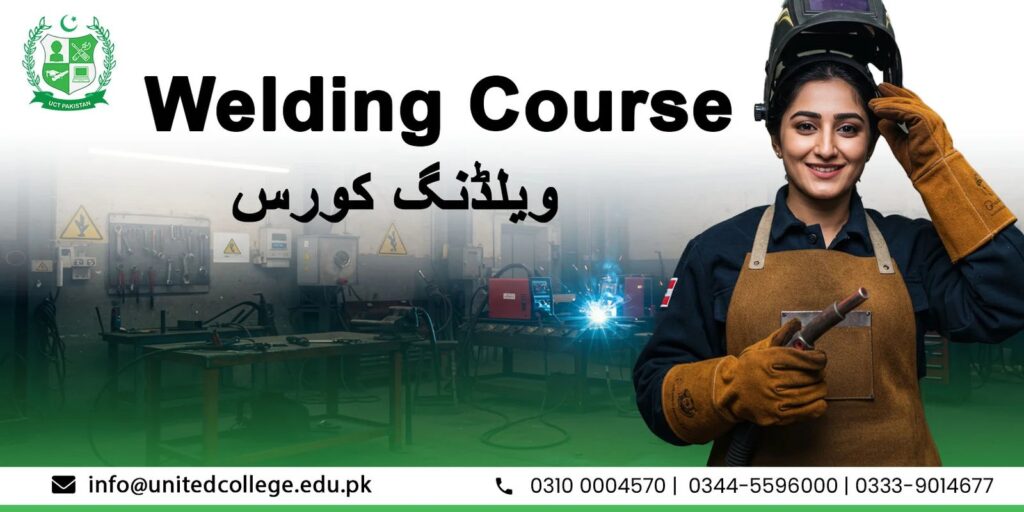 A woman in blue & orange uniform hold his helmet and smilling. the left side text wrriten"Welding Course" means welding training in Rawalpindi