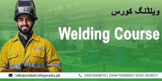 A man in yellow uniform a helmet on his head and he's smiling. the left side text written"Welding Course"
