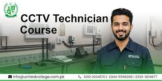 CCTV Technician Course ad featuring a smiling man in a uniform beside CCTV equipment setup. Contact info and logos are displayed below.